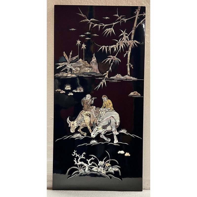Tableau laqué vietnamien noir incrusté de nacre enfants gardiens de buffles