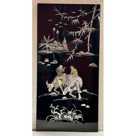 Tableau laqué vietnamien noir incrusté de nacre enfants gardiens de buffles