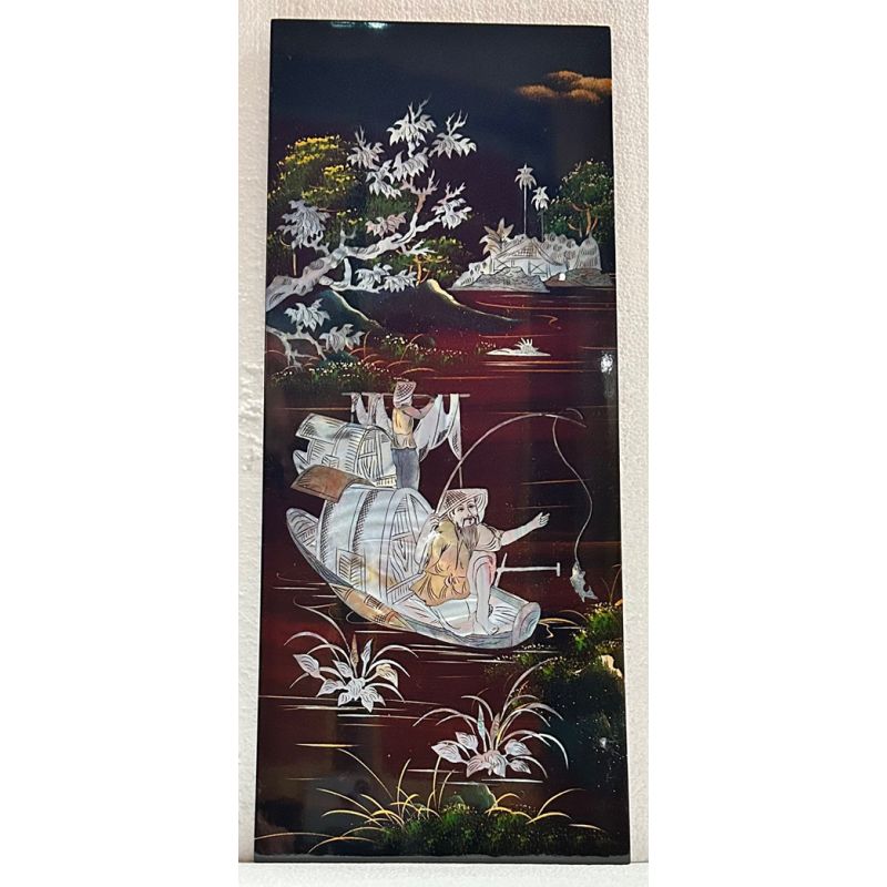Tableau laqué vietnamien - Le pêcheur en nacre burgautée