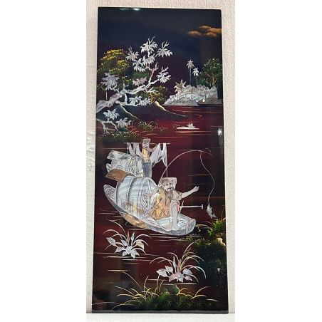 Tableau laqué vietnamien - Le pêcheur en nacre burgautée