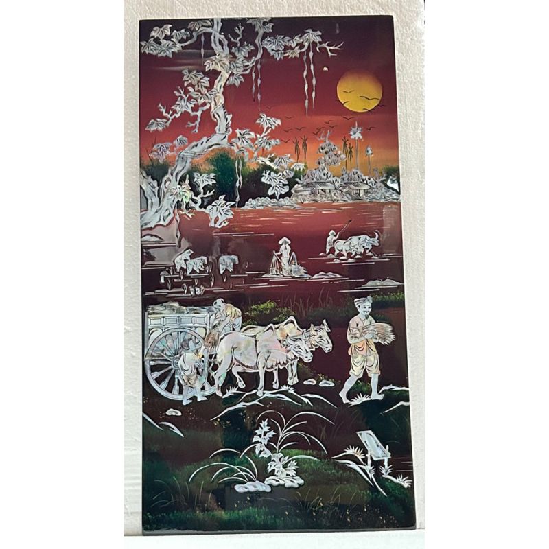 Tableau laqué vietnamien - Le travail des champs en incrustations de nacre