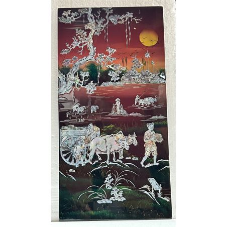 Tableau laqué vietnamien - Le travail des champs en incrustations de nacre