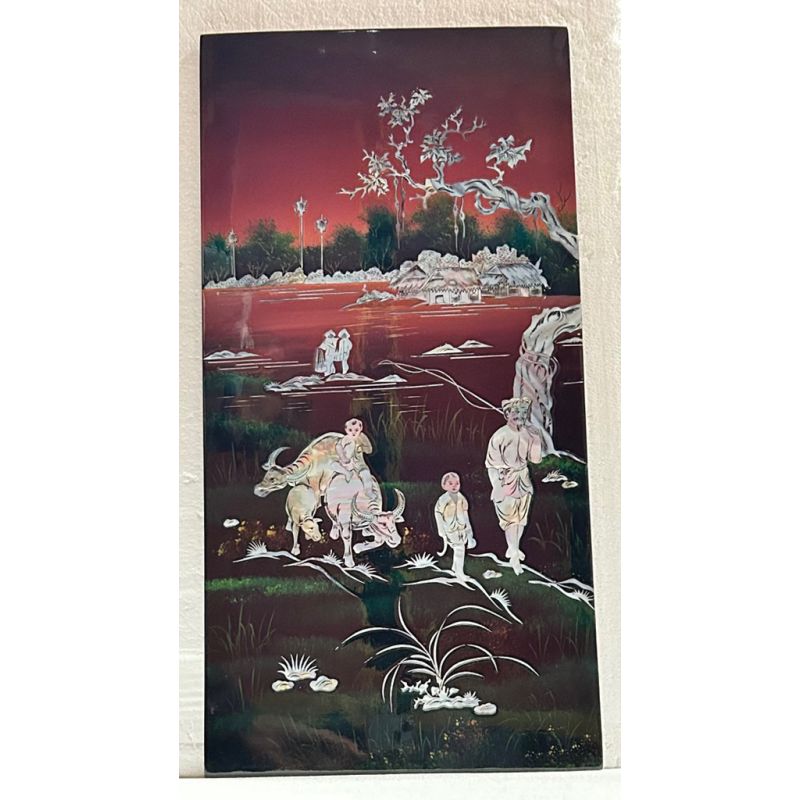 Tableau laqué vietnamien - Buffles et enfants en incrustations de nacre burgautée