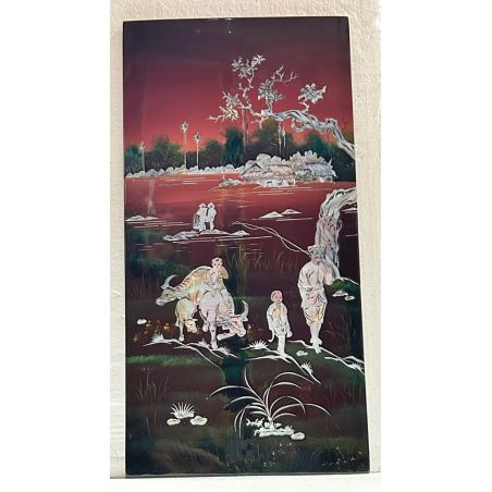 Tableau laqué vietnamien - Buffles et enfants en incrustations de nacre burgautée