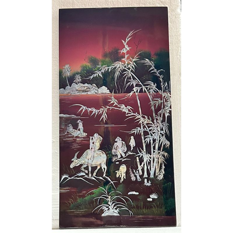 Tableau laqué vietnamien - Les gardiens de buffles en incrustations de nacre burgauté
