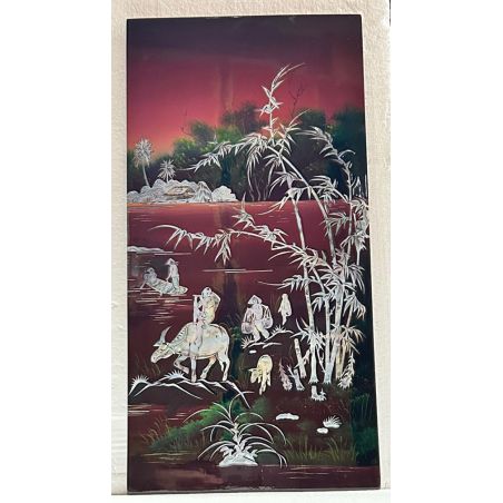 Tableau laqué vietnamien - Les gardiens de buffles en incrustations de nacre burgauté