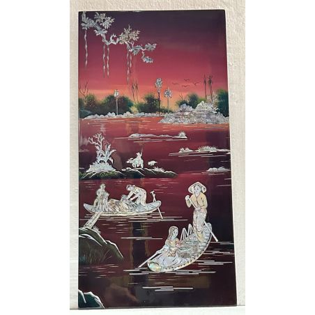 Tableau laqué vietnamien - Pêcheurs sur le Mékong en incrustations de nacre burgauté