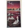 Tableau laqué vietnamien - Pêcheurs sur le Mékong en incrustations de nacre burgauté