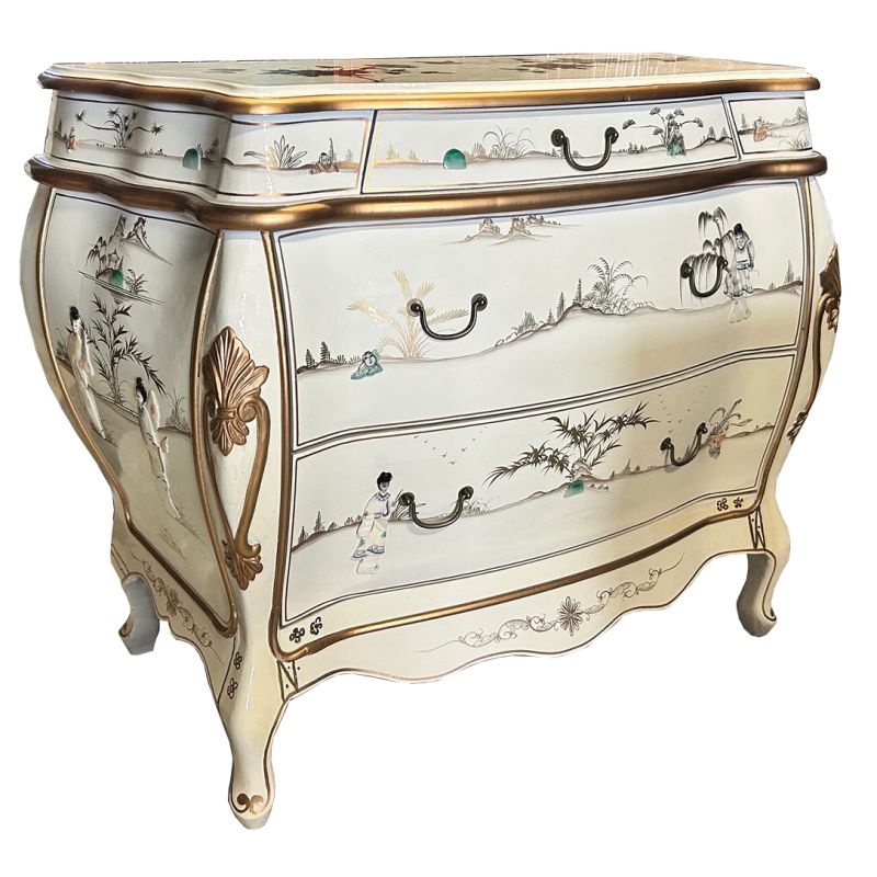 Commode chinoise laque ivoire avec incrustations de geishas en nacre