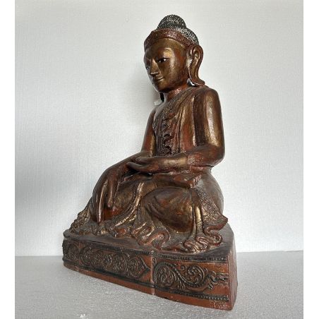 Bouddha birman ancien en bois - Mudra Bhumisparsha