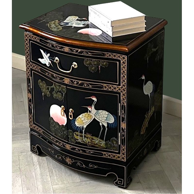 Chevet chinois laqué oiseaux grue soleil levant