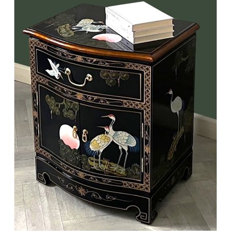 Chevet chinois laqué oiseaux grue soleil levant