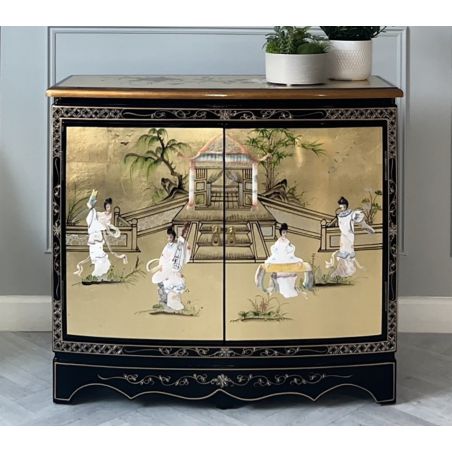 Buffet chinois laque dorée à la feuille décor geishas en nacre