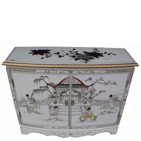 Buffet chinois laque blanche décors geishas en nacre
