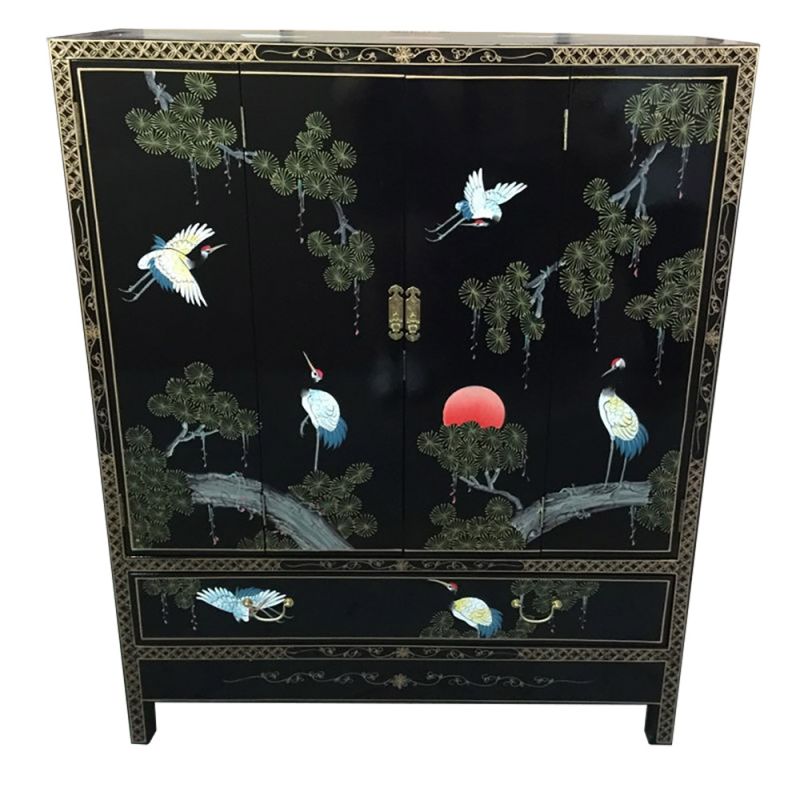 Armoire chinoise portes pliantes laque noire motifs oiseaux grue