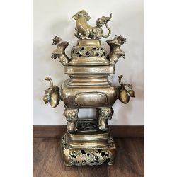 Brûle-parfum antique en bronze à la licorne et aux quatre animaux sacrés
