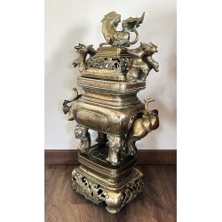 Brûle-parfum antique en bronze à la licorne et aux quatre animaux sacrés
