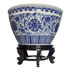 Cache pot vietnamien bleu ming 72cm et son support bois