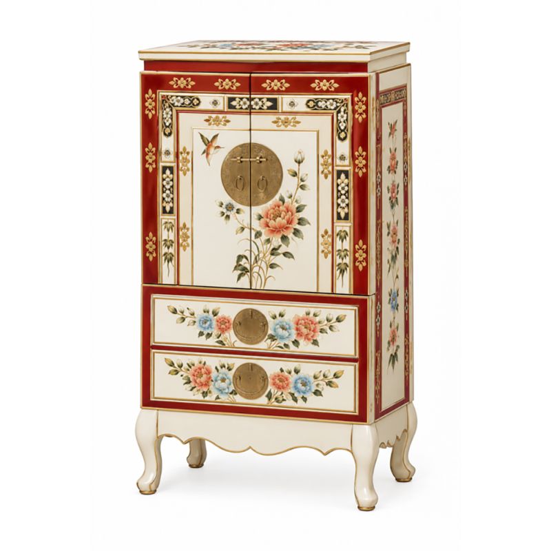 Meuble à bijoux chinois laque blanche motifs fleurs et oiseaux