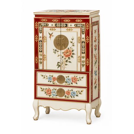 Meuble à bijoux chinois laque blanche motifs fleurs et oiseaux