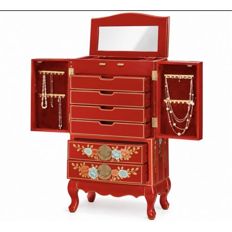 Meuble à bijoux chinois laque rouge motifs oiseaux
