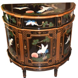 Meuble chinois noir demi-lune motifs oiseau grue