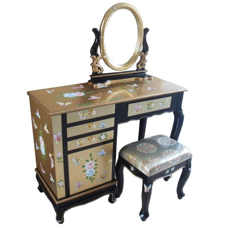 Coiffeuse chinoise laquée doré avec tabouret et miroir