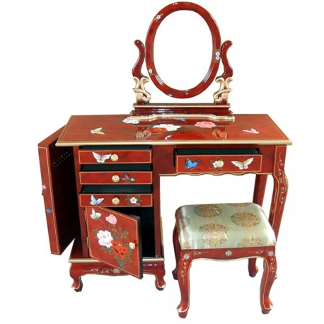 Dressing table chinese red lacquer with stool and mirror