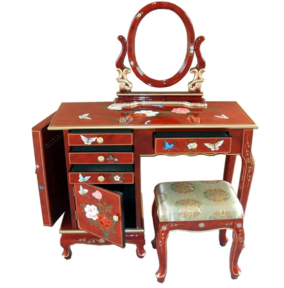 Dressing Table Chinese Red Lacquer With Stool And Mirror Meubles