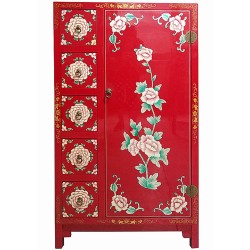 Armoire chinoise laquée rouge 5 tiroirs 70x35x120