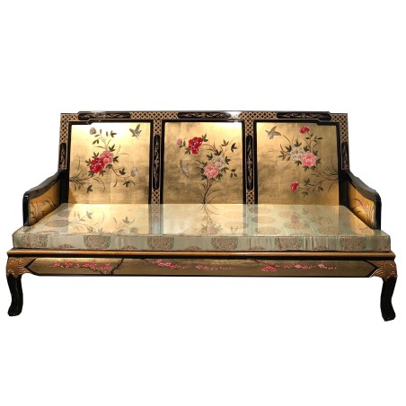 Banquette Sofa laqué fleurs et oiseaux