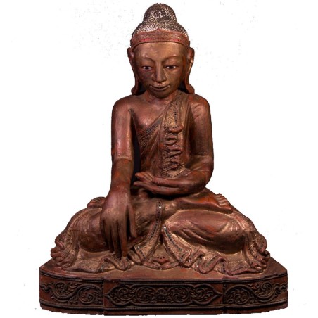 Bouddha birman ancien en bois - Mudra Bhumisparsha