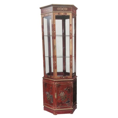 Vitrine chinoise hexagonale laque rouge sang de boeuf