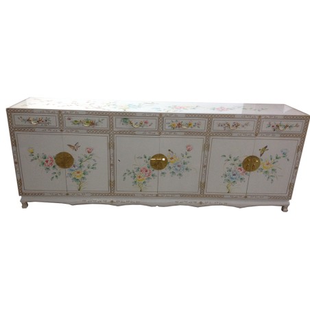 Buffet chinois laque blanche fleurs et oiseaux