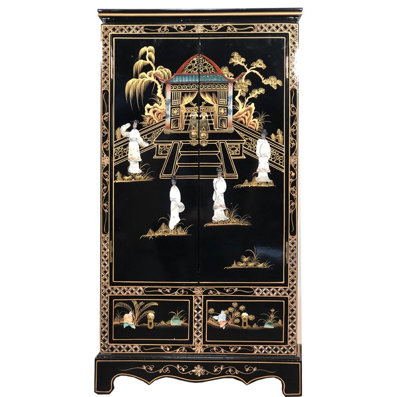 Armoire chinoise laque noire avec incrustations 