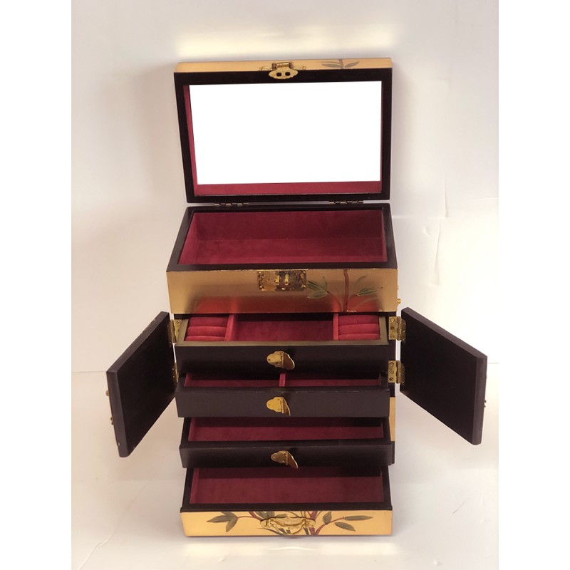 Coffre chinois laqué motifs fleurs et oiseaux Coffre chinois laqué motifs fleurs et oiseaux