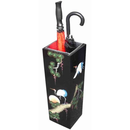 Porte parapluie chinois en bois laque noire motif oiseau grue