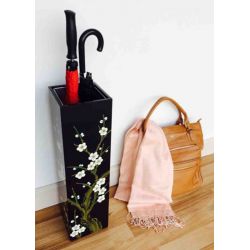 Porte parapluie chinois en bois laque noire motif fleurs et oiseaux
