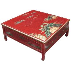 Table chinoise de salon rouge motifs fleurs et oiseaux